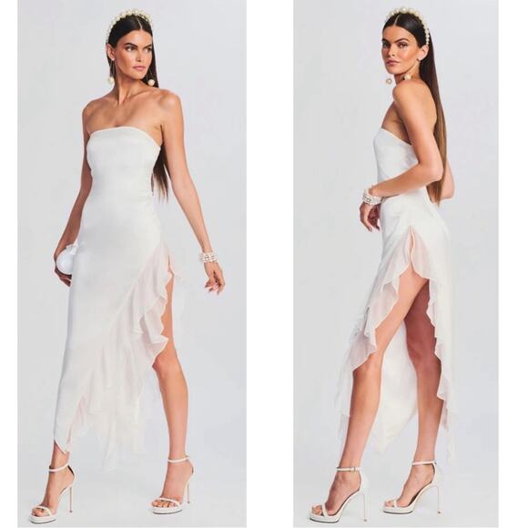 Retrofete Lorelai Strapless Ruched Draped Ruffle Asymmetric Maxi Dress Sz Small - Picture 6 of 15